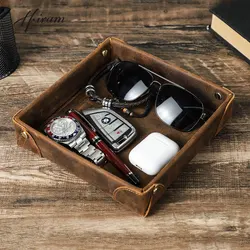 Vintage 100% Cow Leather Valet Trinket Tray Collapsible Phone Key Wallet Coin Desktop Storage Sundries Case Accessories