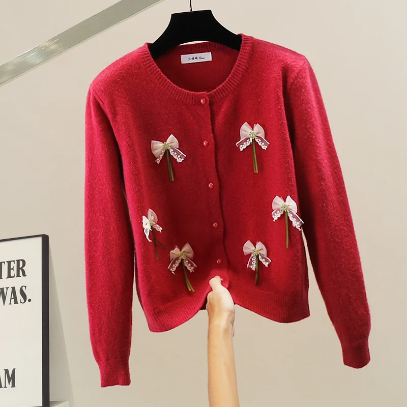 

Korean Sle Heavyweight Knitted Sweater with Knot Decoration Single Button Long Sve Faionable Autumn Winter Top