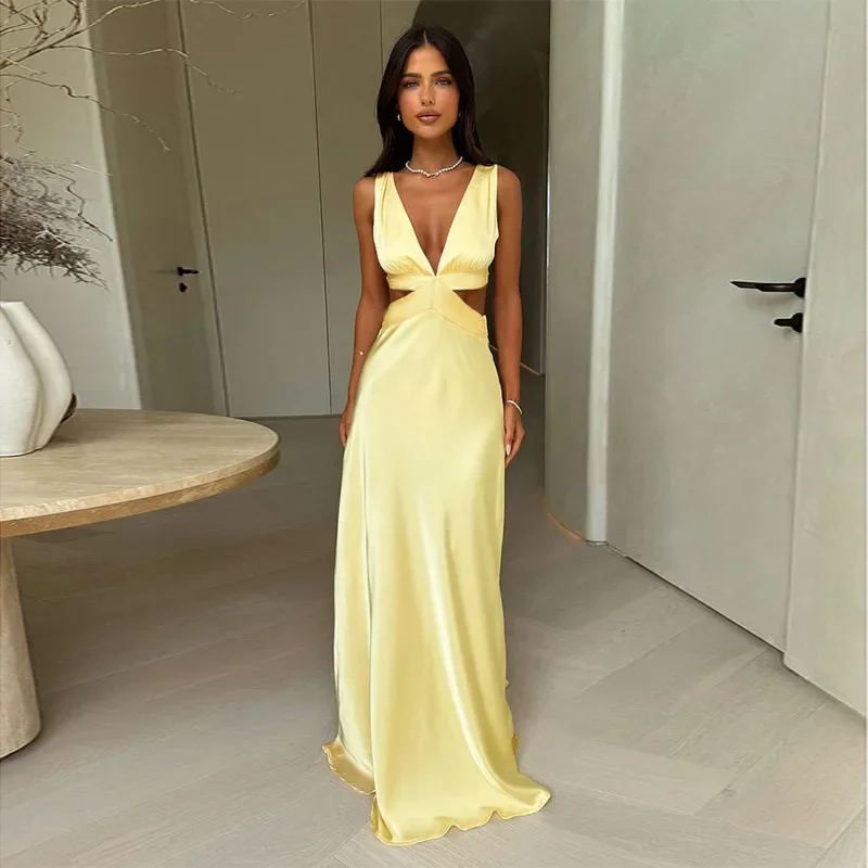 

Deep V neck Hollow Long Dress Female Sleeveless Slit Beach Vacation Dress Solid Color High Waist Bodycon Women's Dress