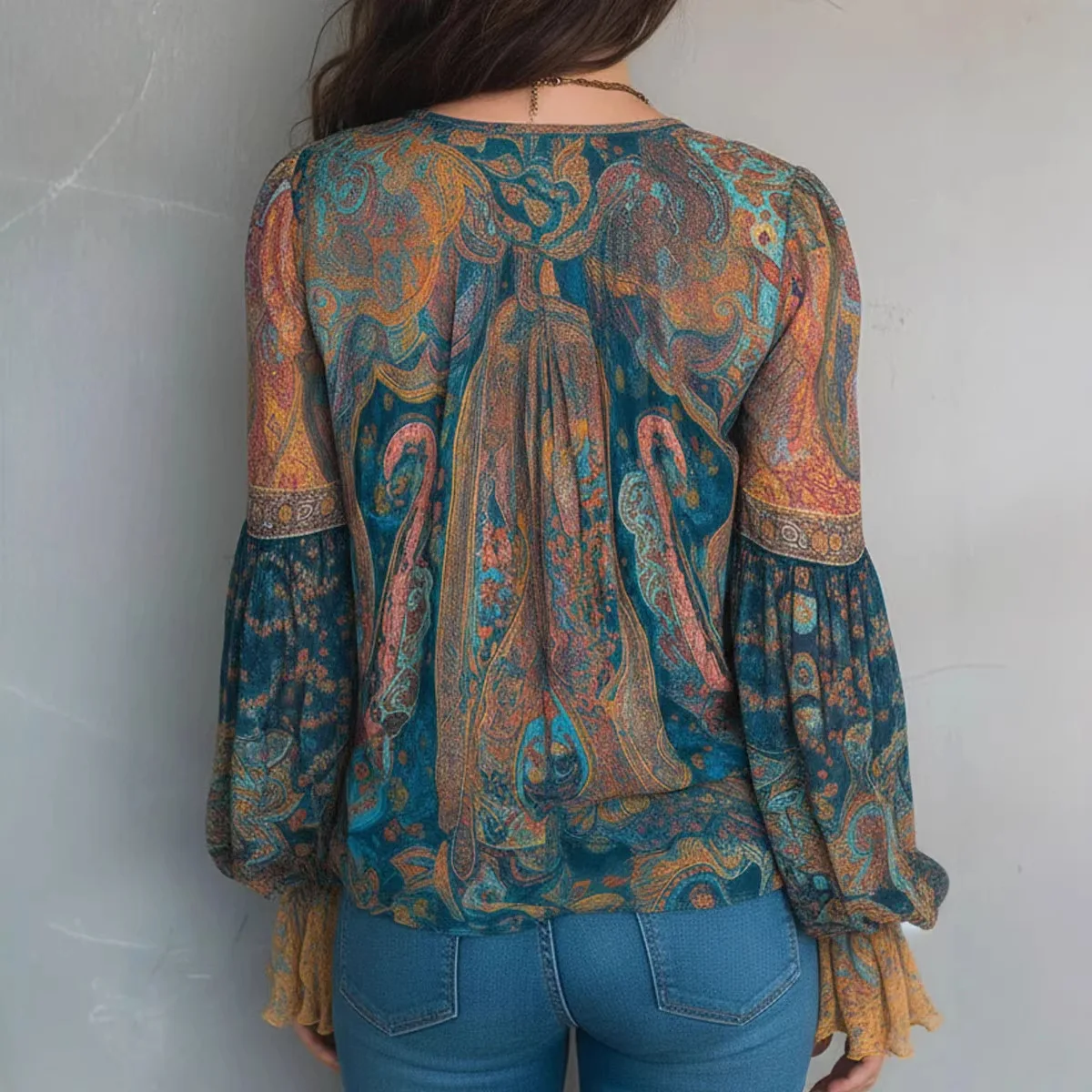 Blus Wanita Motif Paisley Biru Harian, Atasan Vintage Seksi V-Neck Lengan Panjang Model Flare, Gaya Liburan 2026, Blus Bohemian Terbaru