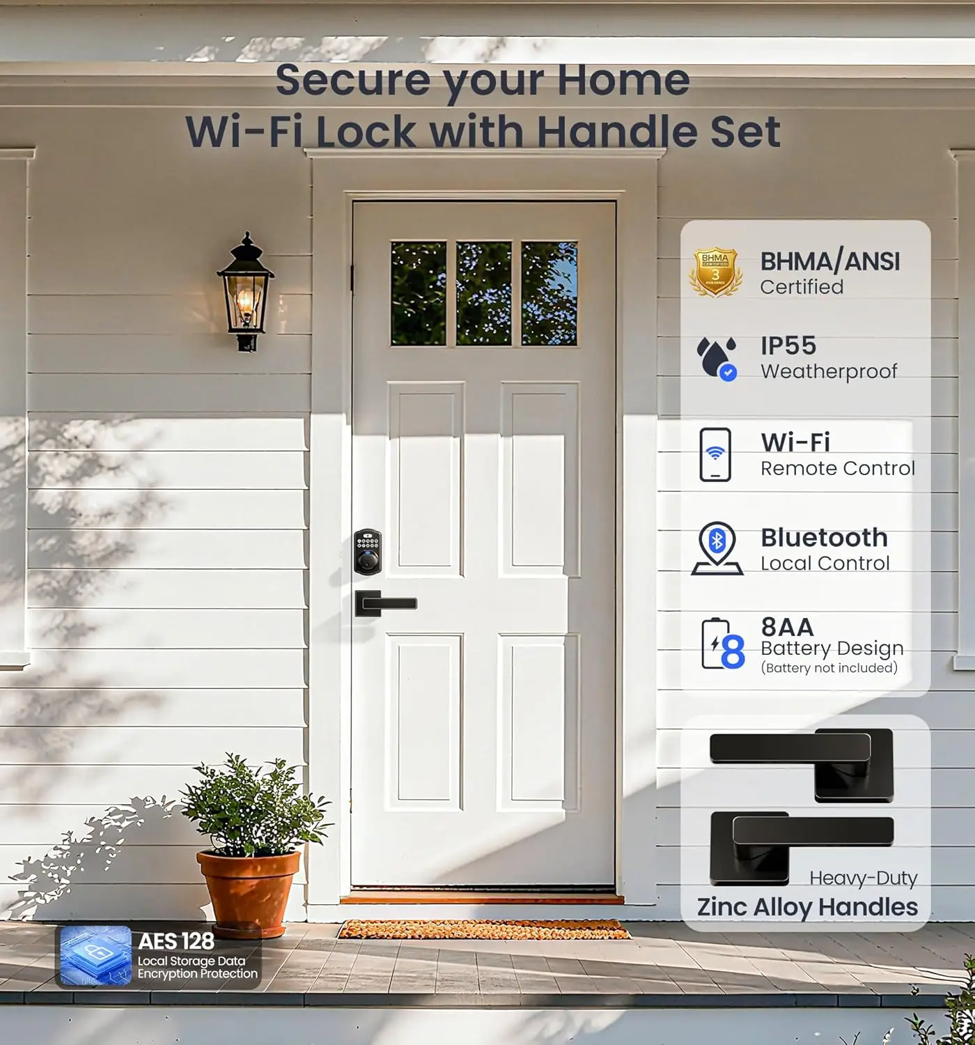 VE012W-L قفل ذكي مدمج ببصمة الإصبع WiFi مع مجموعة مقبض رافعة، جهاز تحكم عن بعد للتطبيق، دخول بدون مفتاح للباب الأمامي، تخفيضات كبيرة
