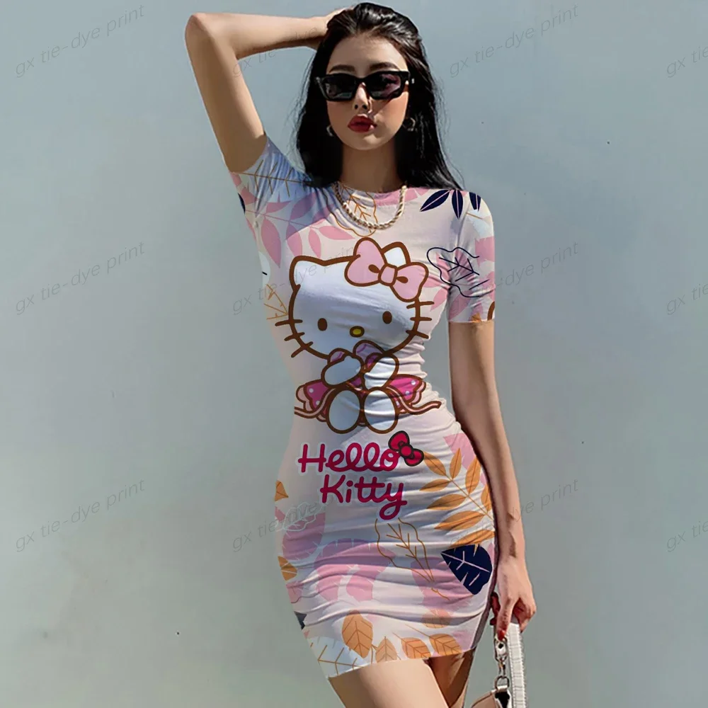 New Hello Kitty Women\'s Summer Mini Party Dress 2023 Slim Hip Sexy Tight Y2K Short Sleeve Round neck Cartoon Dresses Clothes