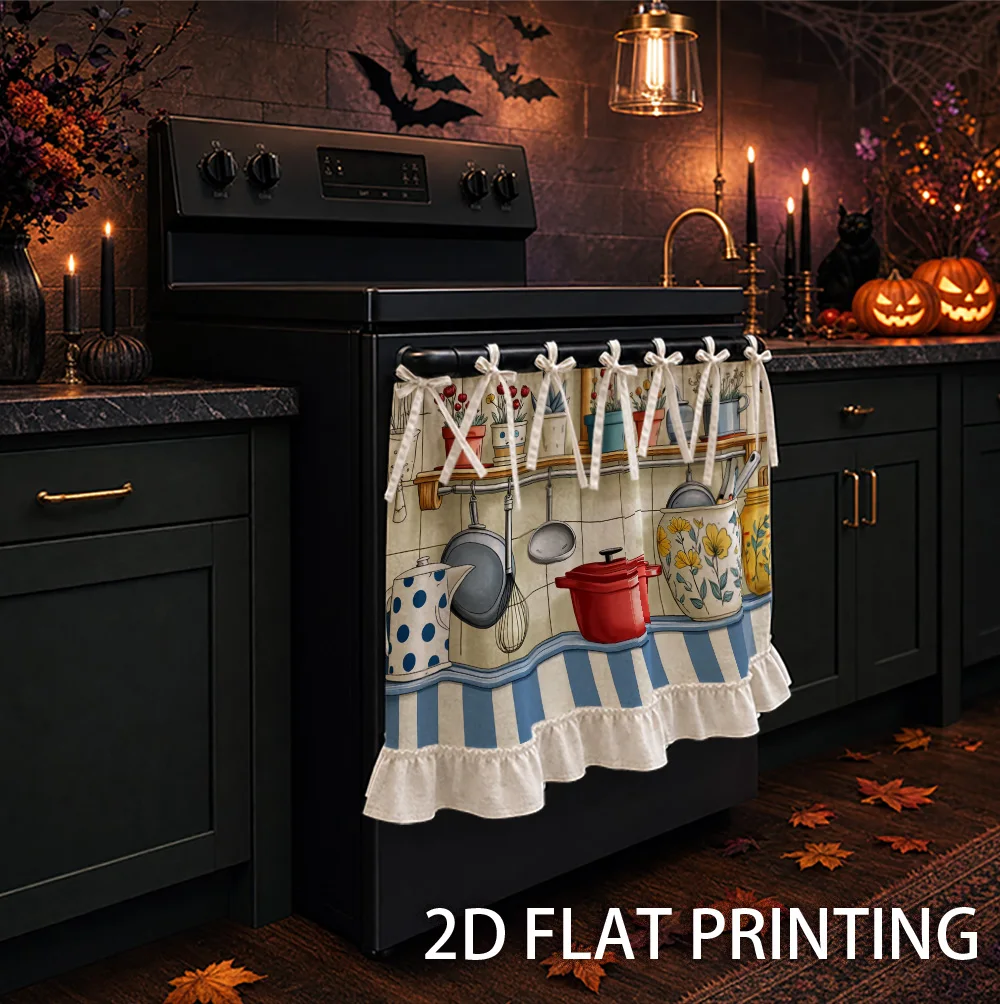 1PC kitchen stove curtain, cabinet curtain and apron. Designed with 2D graphics including kitchenware, potted plants and floral