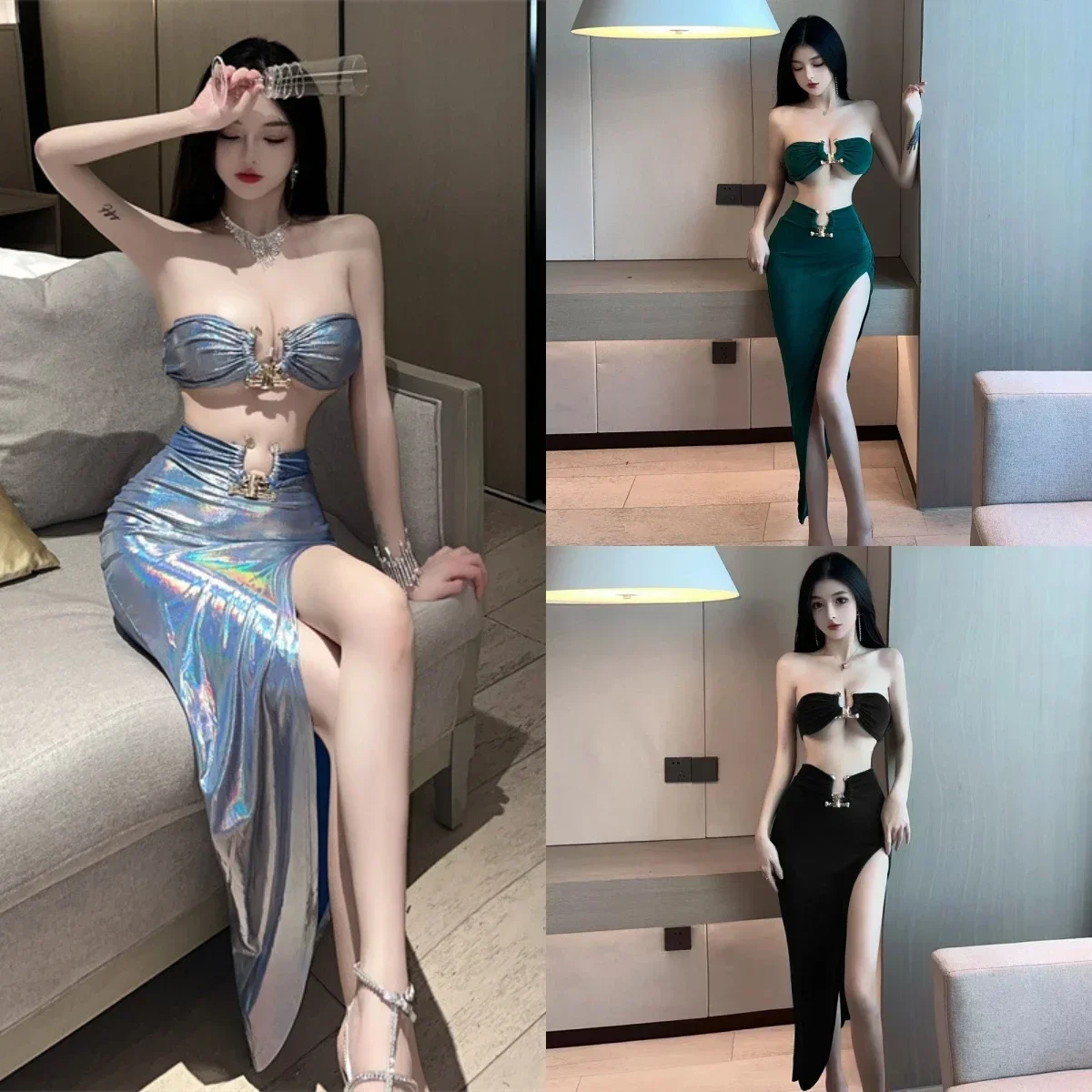 

Summer Women Long Dress Backless Party Elegant Club Slim Solid Ruched Green Sexy Bodycon Strapless Buttocks Nightclub Ball Set