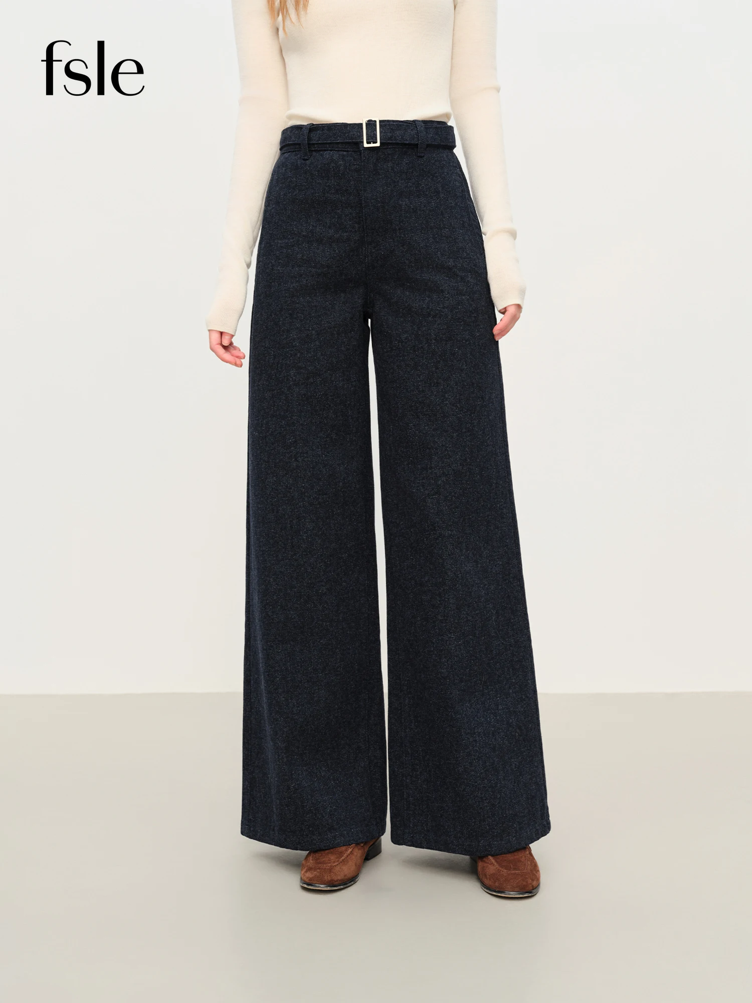 

FSLE стильные темно-синие шлифованные джинсовые брюки с высокой талией и широкими штанинами для женщин, зима 2025, Новое поступление, прямой крой, длина пола