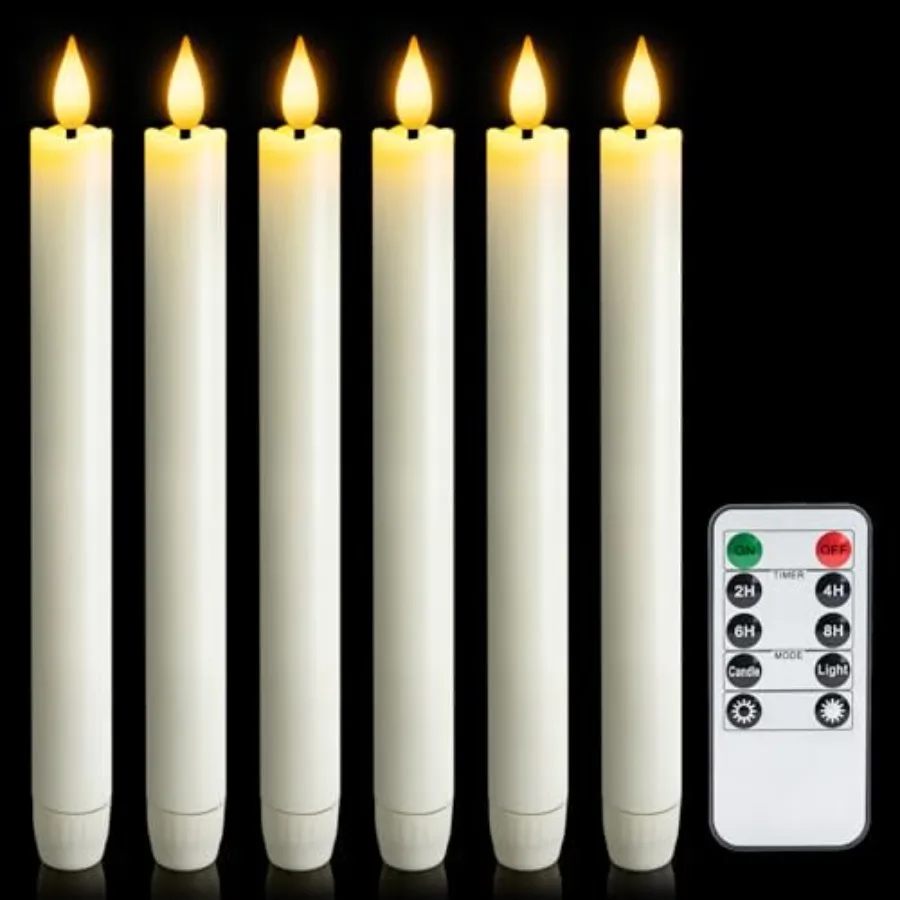 

6 Pcs Flameless Taper Candles with Remote Timer, Battery Operated Window Candles, 9.6 Inch White Plastic LED Candlesticks, for