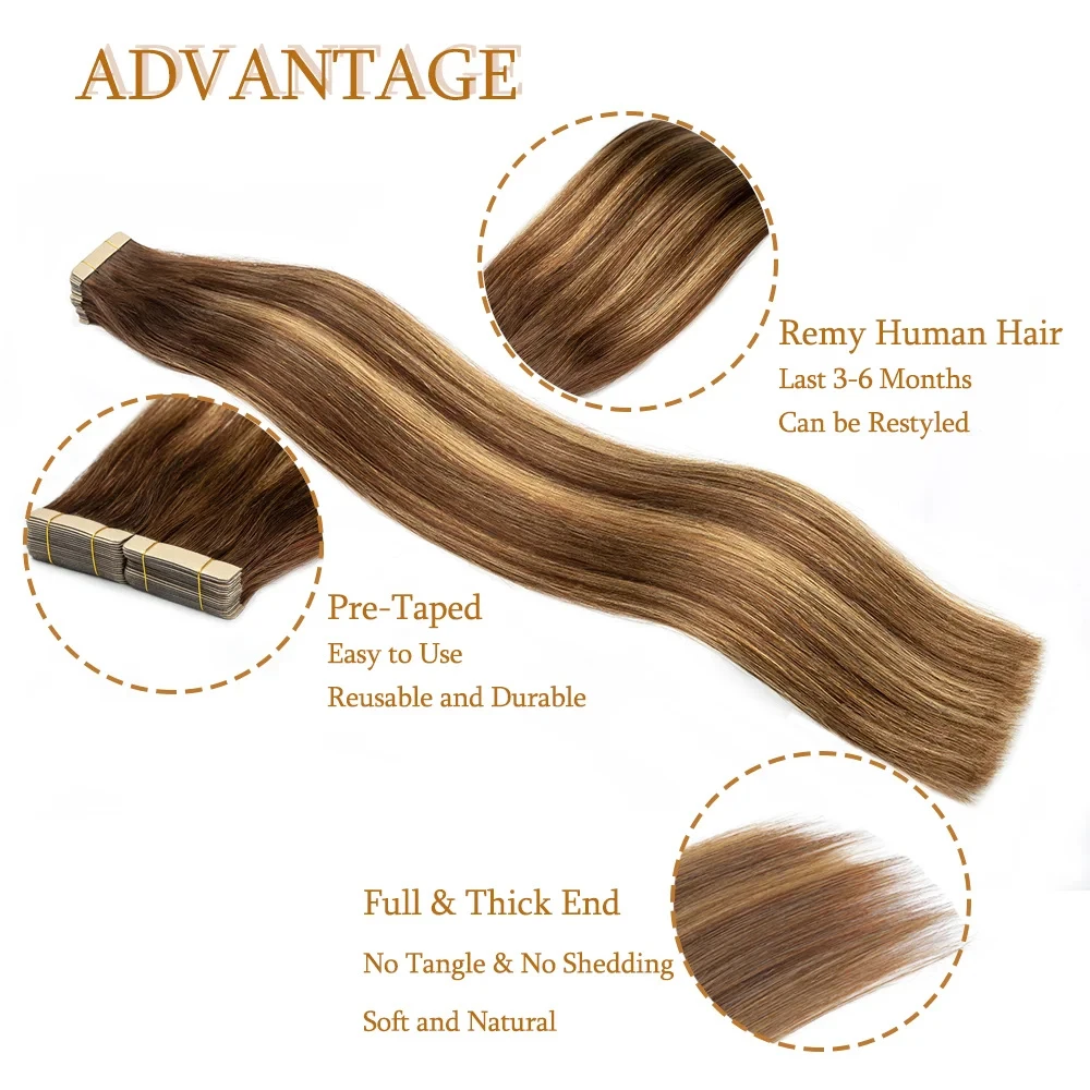 Highlight Brown Straight Tape extensões de cabelo, cabelo humano, PU, sem costura, cabelo brasileiro, cor natural, 20pcs por pacote, #4, 27