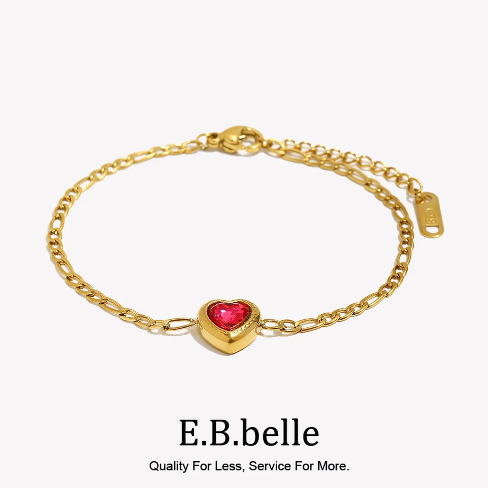 Ebbelle romântico adorável coração amor vermelho zircão pedra pingente figaro corrente pulseira de aço inoxidável banhado a ouro charme pulseira