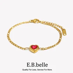 E.B.belle Romantic Lovely Heart Love Red Zircon Stone Pendant Figaro Chain Bracelet Stainless Steel Gold Plated Charm Bracelet