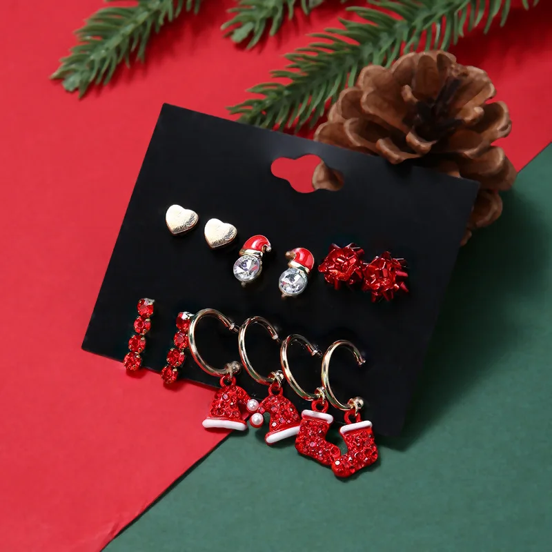 Festive Stud Earrings Set Cartoon Reindeer Santa Bell Drop Resin Alloy Christmas Jewelry