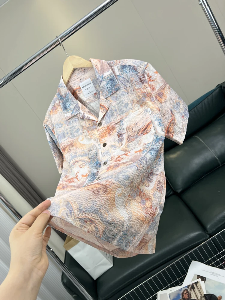 

Hawaii Beach Sle Bubble Fabric Lightweight Cuban Collar Casual ort Sve irt Breathable Faion Urban Youth Summer Wear