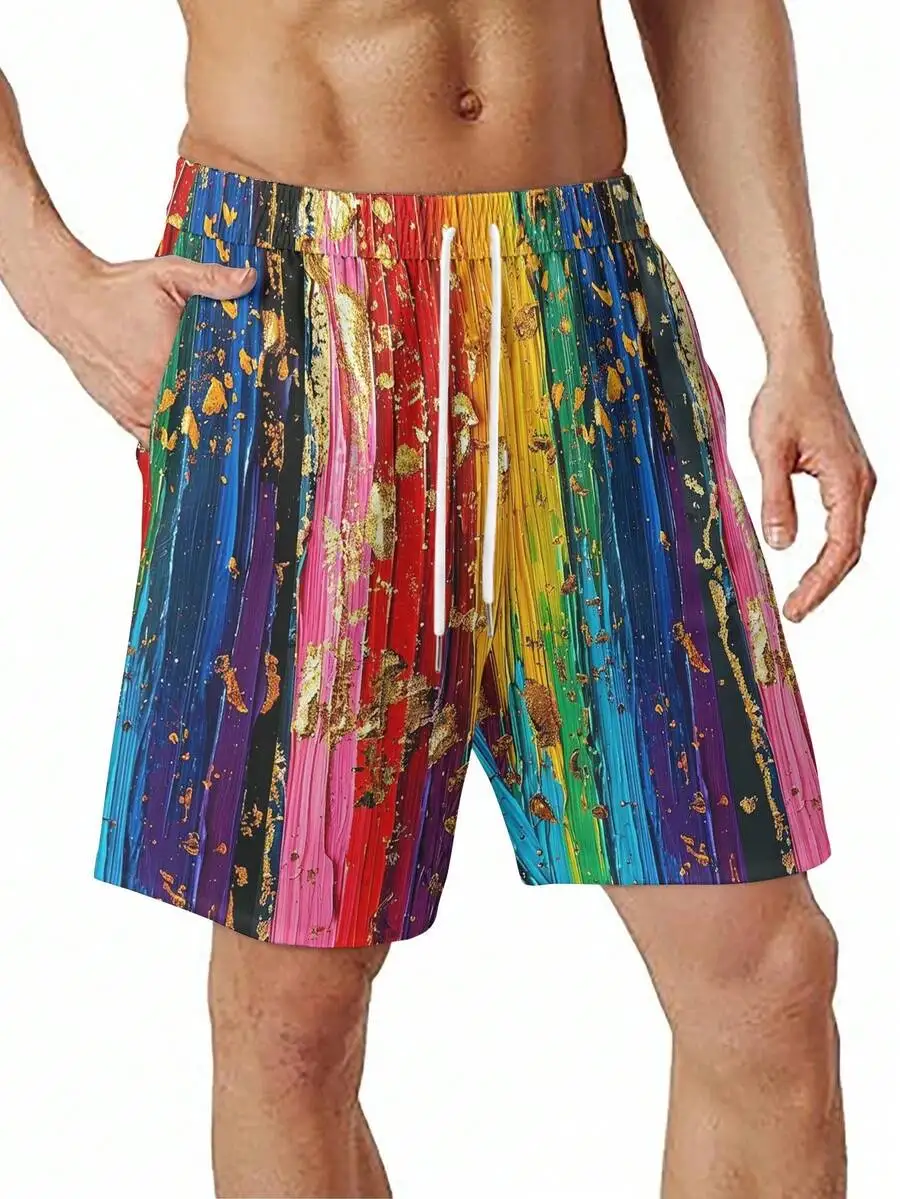 

Mens Casual Sports Shorts Rainbow Splashed Ink Print Loose Fit Polyester