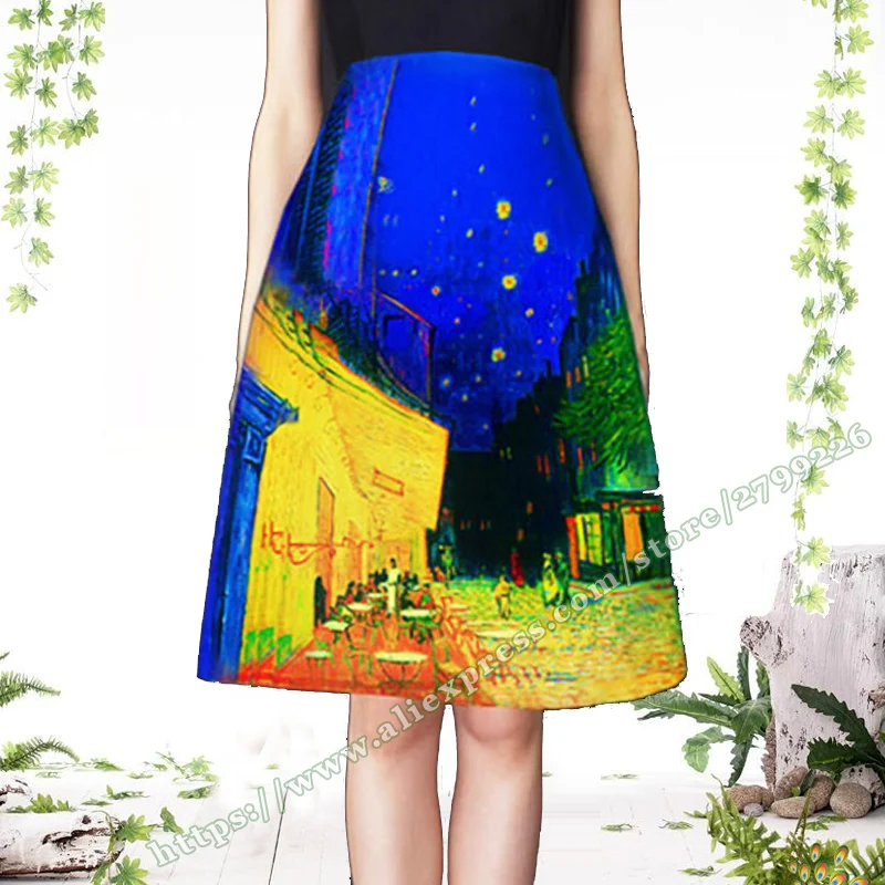 Women's Harajuku Style satin A-Line Mini Skirt Spring Summer Fashion Gogh Starry Night Cartoon pattern Print Short Mid Skirts