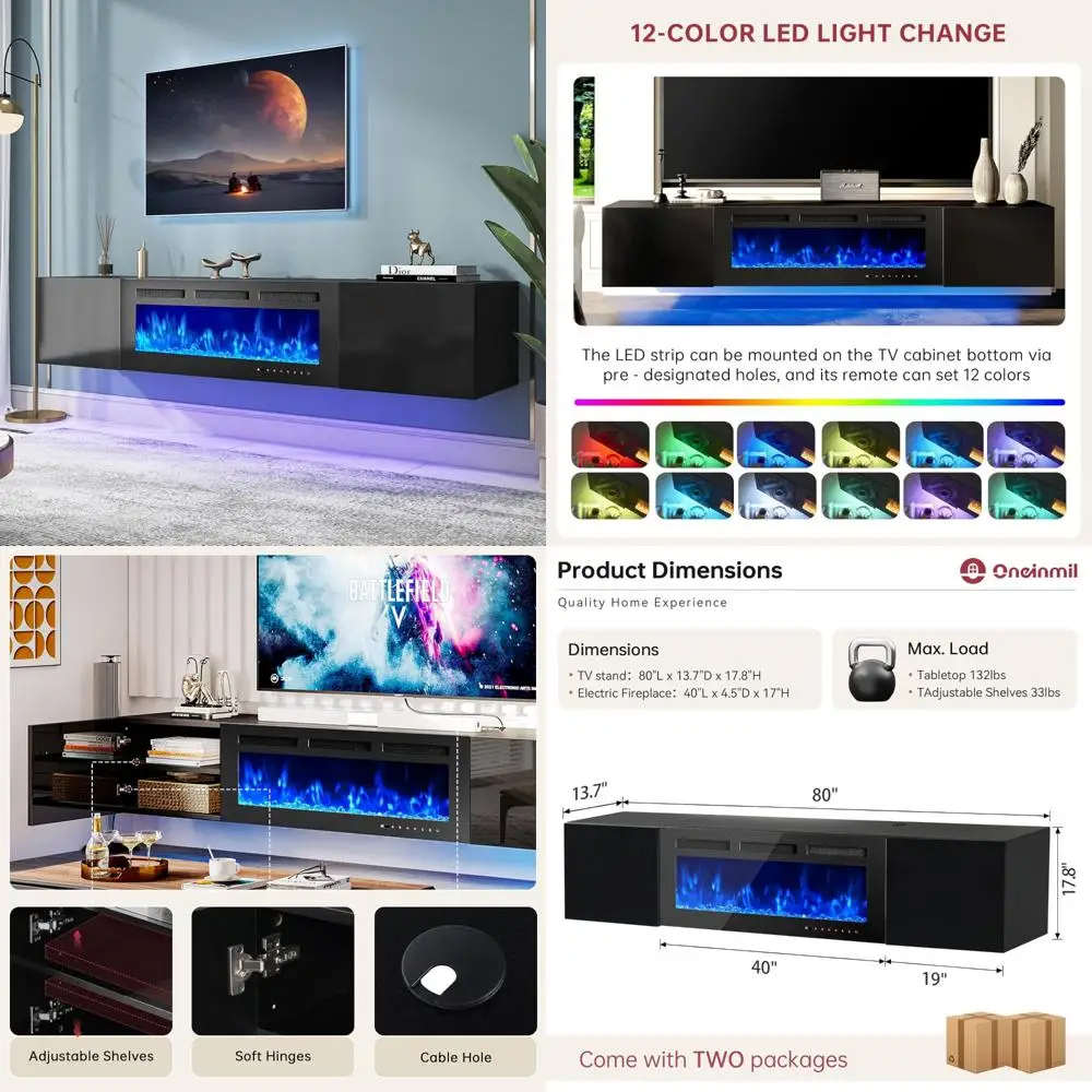 

Современная плавающая подставка под телевизор 80 см с электрическим камином 40 дюймов, хранилищем, регулируемой 12-цветной светодиодной подсветкой