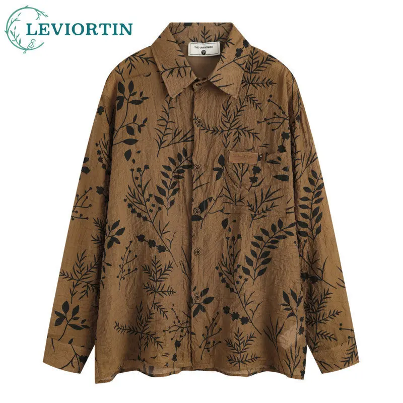 2025 autumn Japanese retro vertical lazy style with grass and wood print pattern design, long sleeved loose shirt top for men