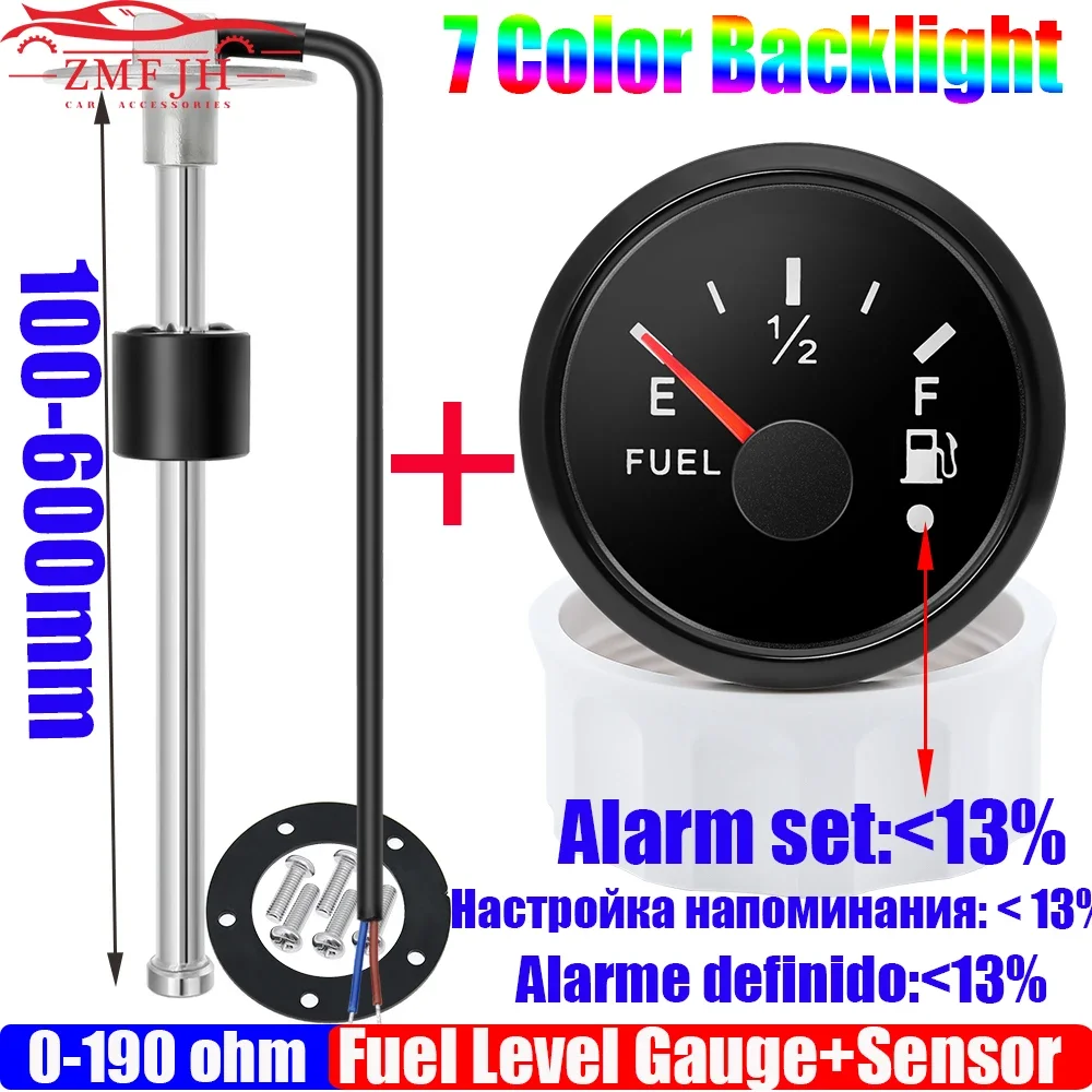Medidor de nivel de combustible de 7 colores, luz de 52MM con alarma, Sensor de nivel de combustible de acero inoxidable de 0-190 OHM, 100 ~ 550mm para automóvil, marino, personalizado