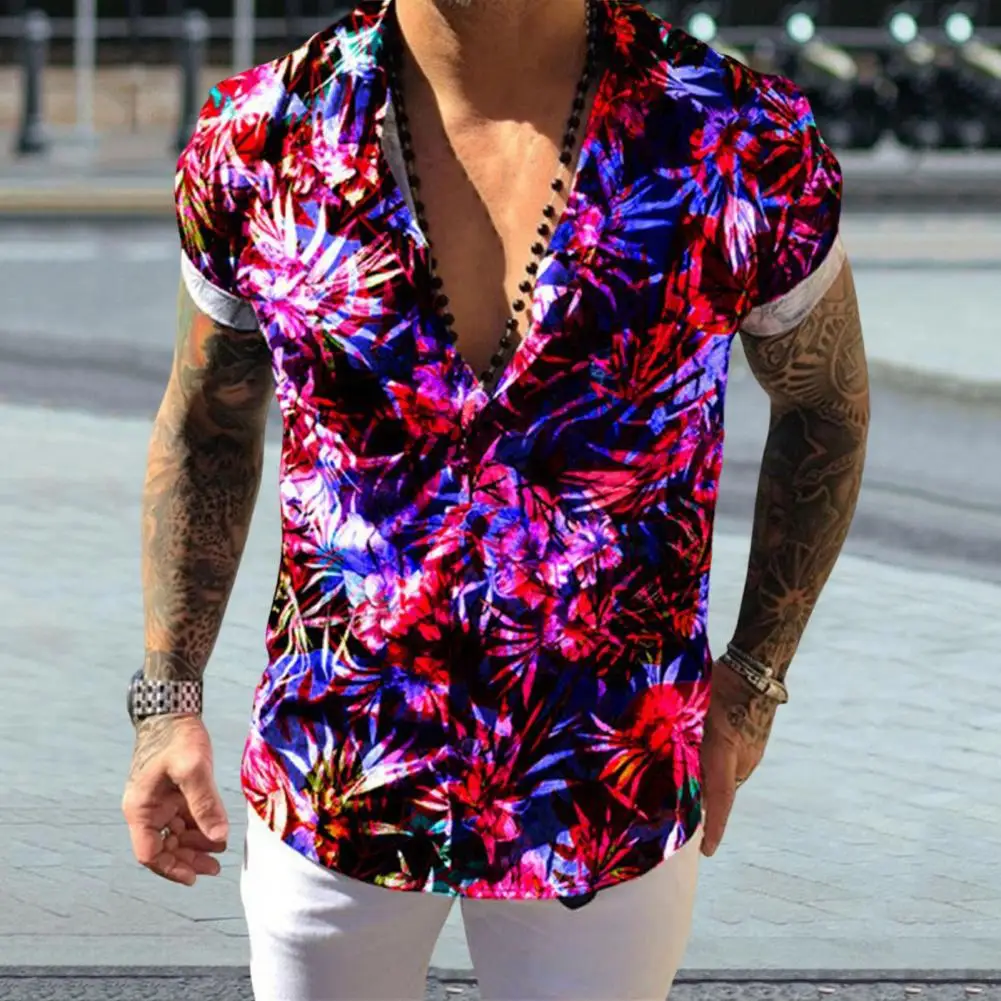 Eye-catching Men Shirt Breathable Men Summer Top Single-breasted Floral Pattern Men Shirt  Clubwear