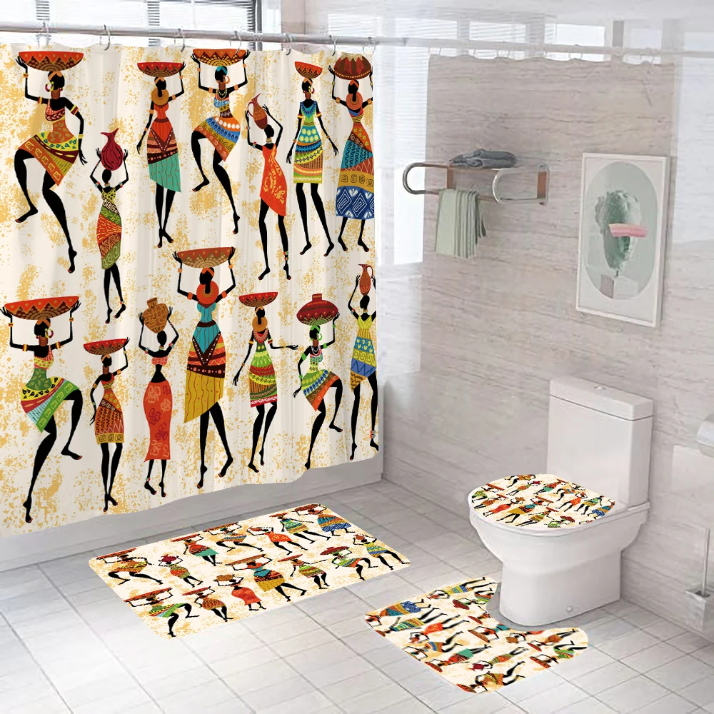 Ensemble de rideaux de douche pour femmes africaines, tissu polyester imprimé, décor de baignoire, design rétro, housse de tapis, polymères de toilette