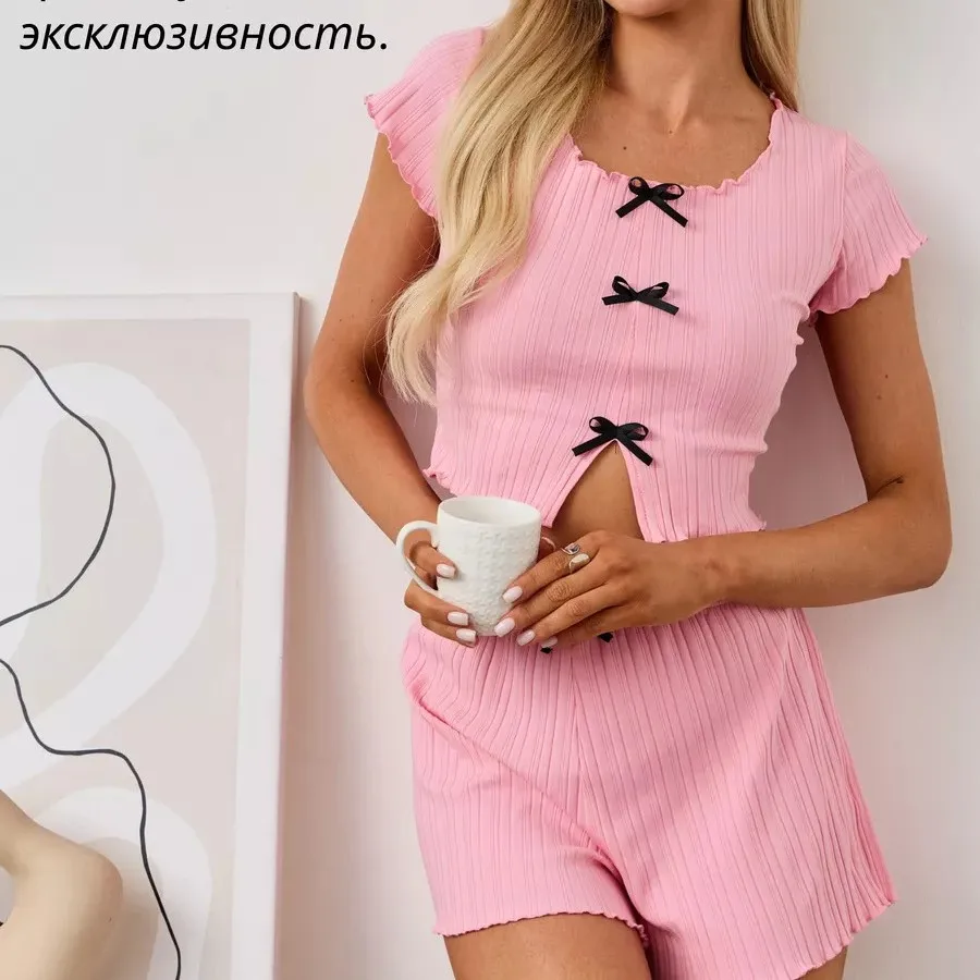 

Трикотажные женские пижамы с короткими рукавами и шортами с бантом, летние милые тонкие укороченные пижамы, однотонный домашний комплект, женская одежда