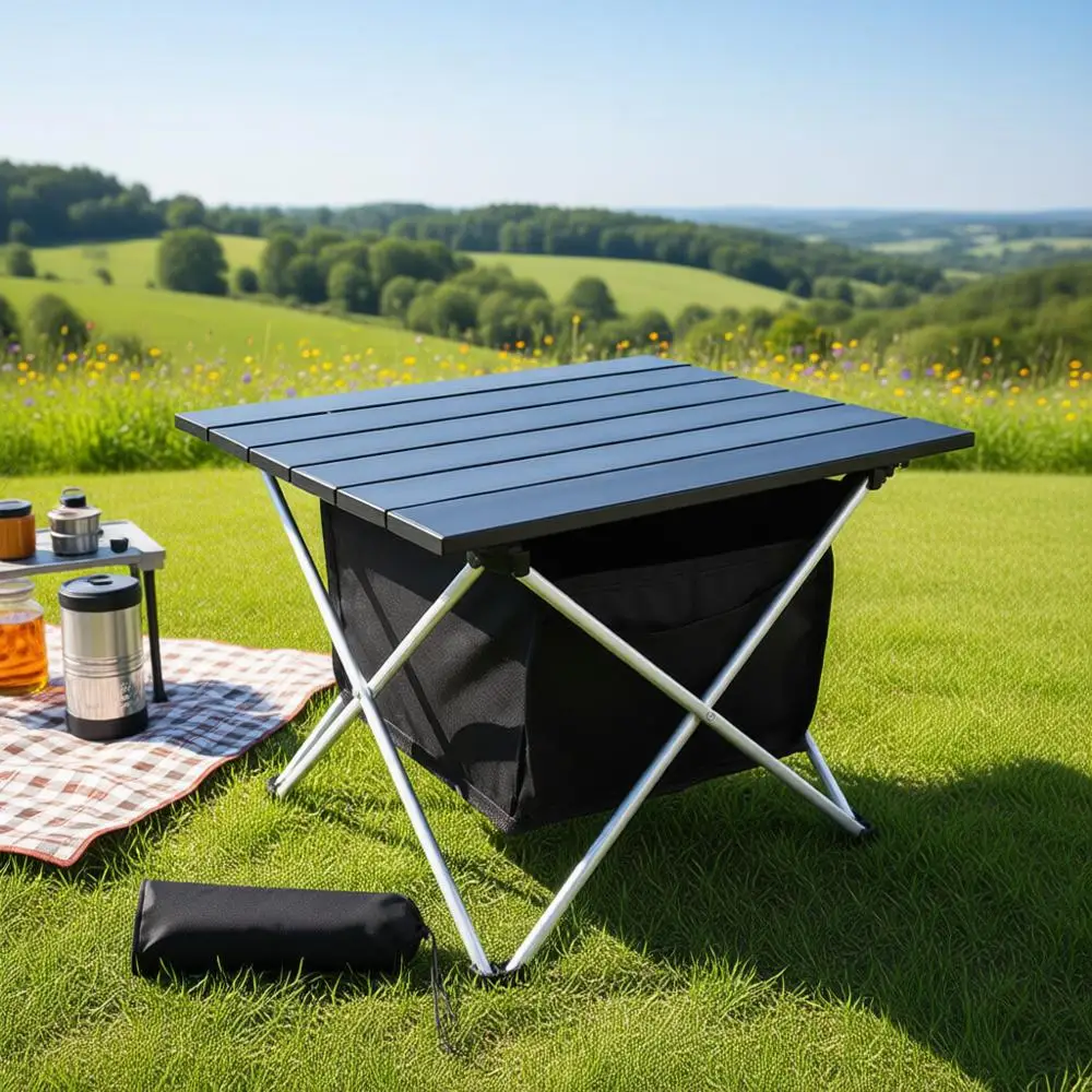 

Ультралегкий складной походный стол с местом для хранения для пляжа, отдыха на природе, пикника, барбекю и фестивалей (черный, средний размер)