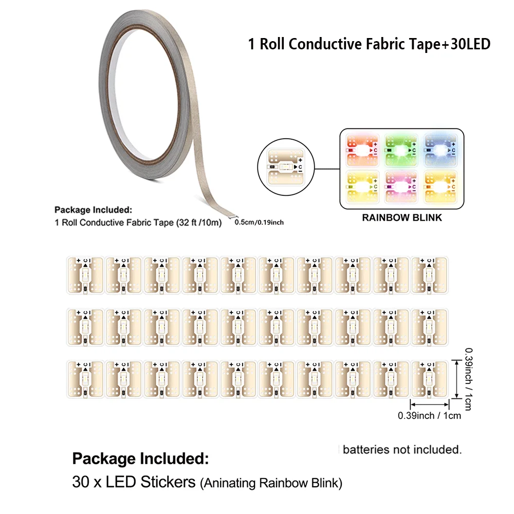 1 rolo de fita condutora de tecido + 30 peças de luz led kit de artesanato mini kit inicial para projetos de artesanato adicionar luzes para uma árvore de natal