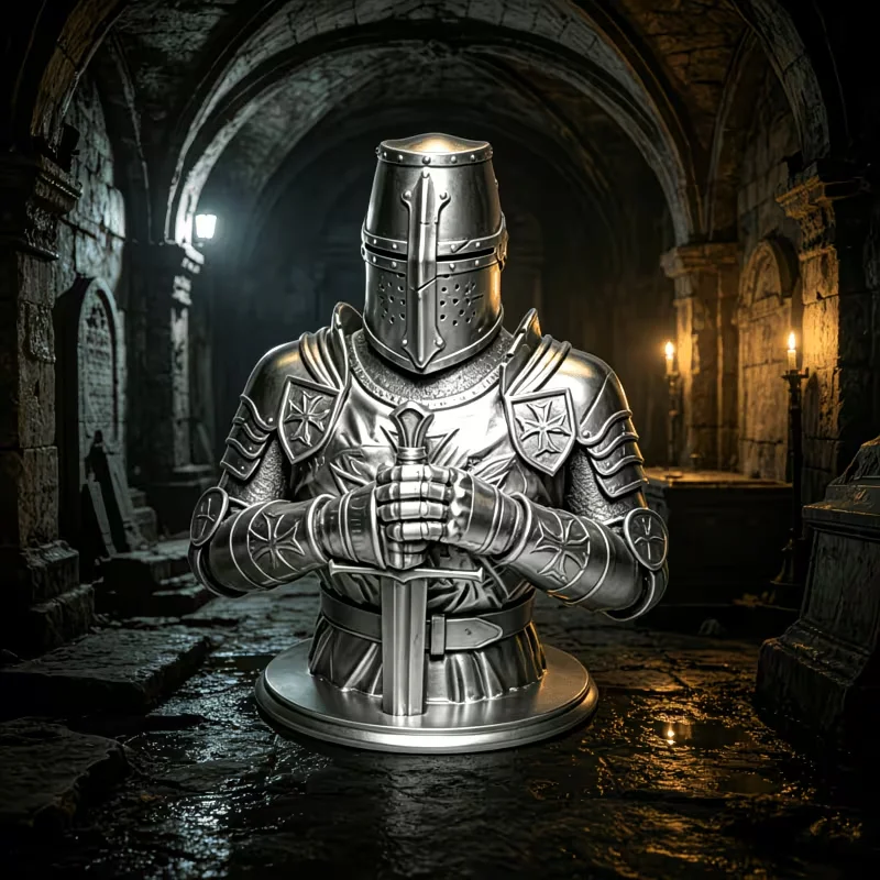 Battle-Hardened Crusader Guardian, Stoic Templar Knight Bust Religious Zealot Figure Display Cabinet view 3