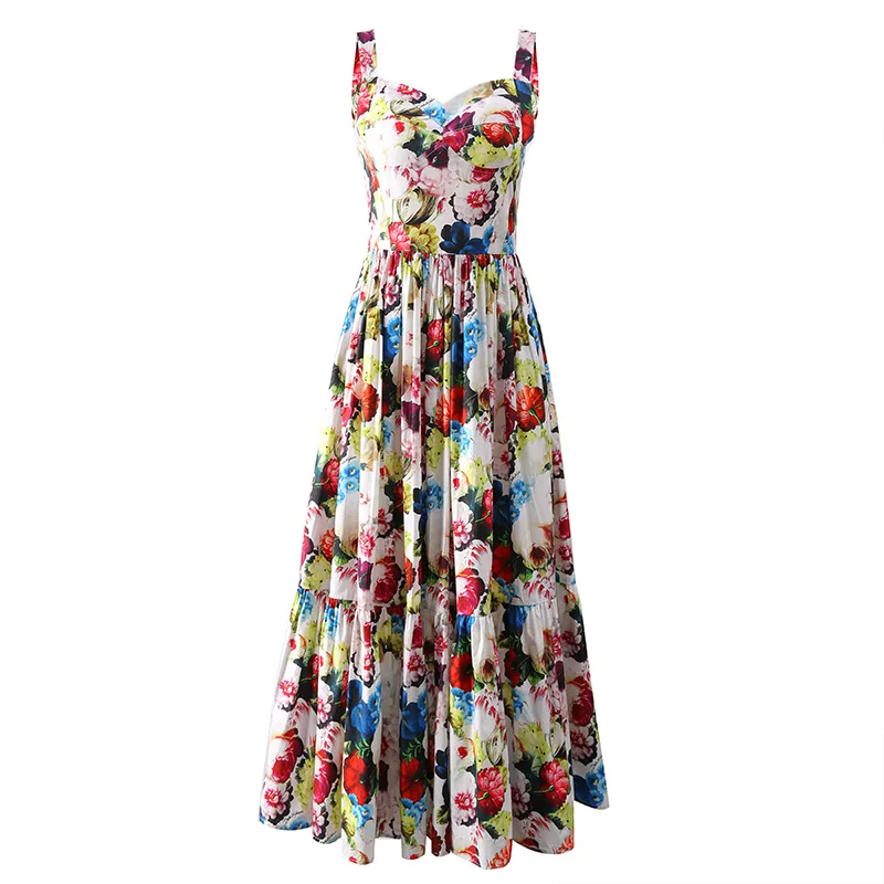 Women Bohemian Style Suspender Dresses New Summer Fashionable Printed High Waisted Dress Fashion Holiday Beach Long Dresses