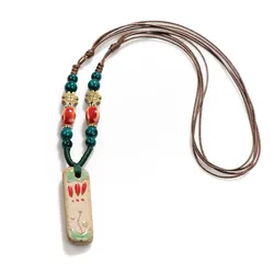 Handmade Vintage Ceramic Necklace Retro craft pottery Ethnic Style Chinese Pendant Unique Women's Accessory  X840G