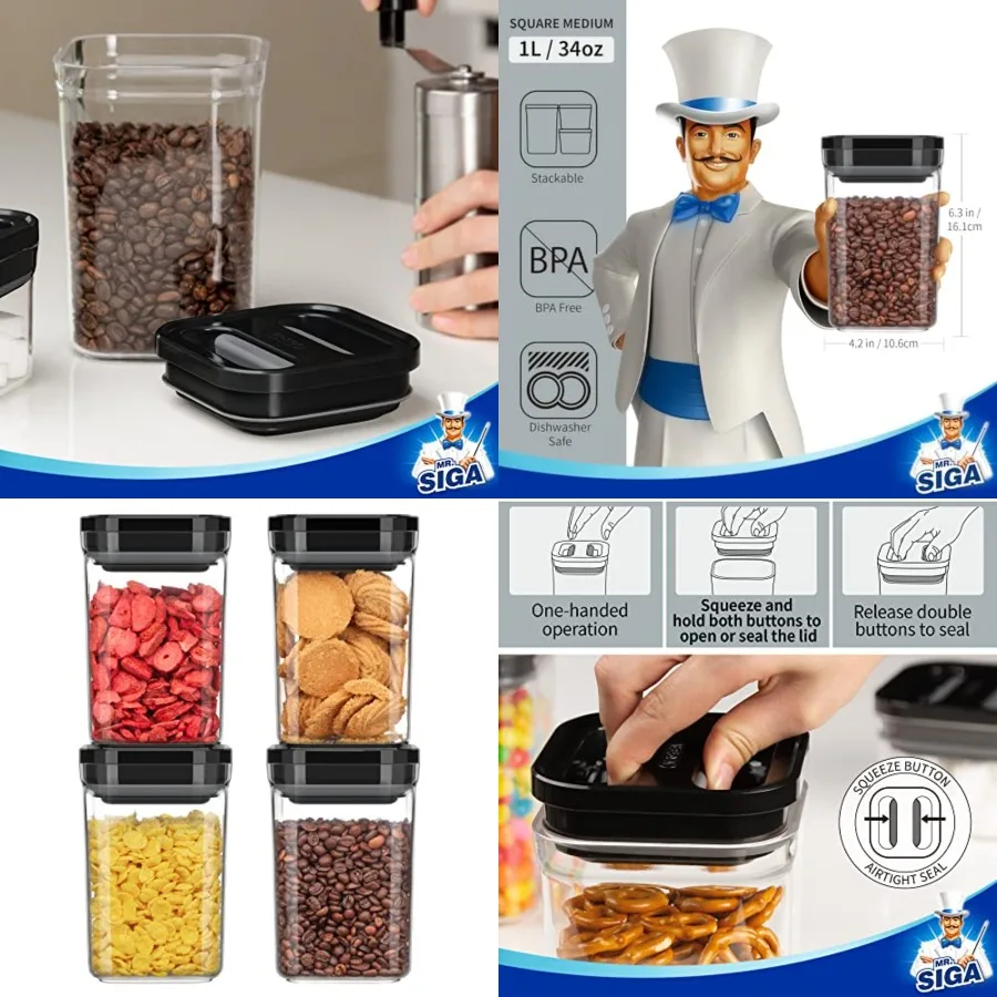 

4 Pack Airtight Food Storage Container Set, BPA Free Kitchen Pantry Organization Canisters, One-handed Airtight Cereal Snack Ca