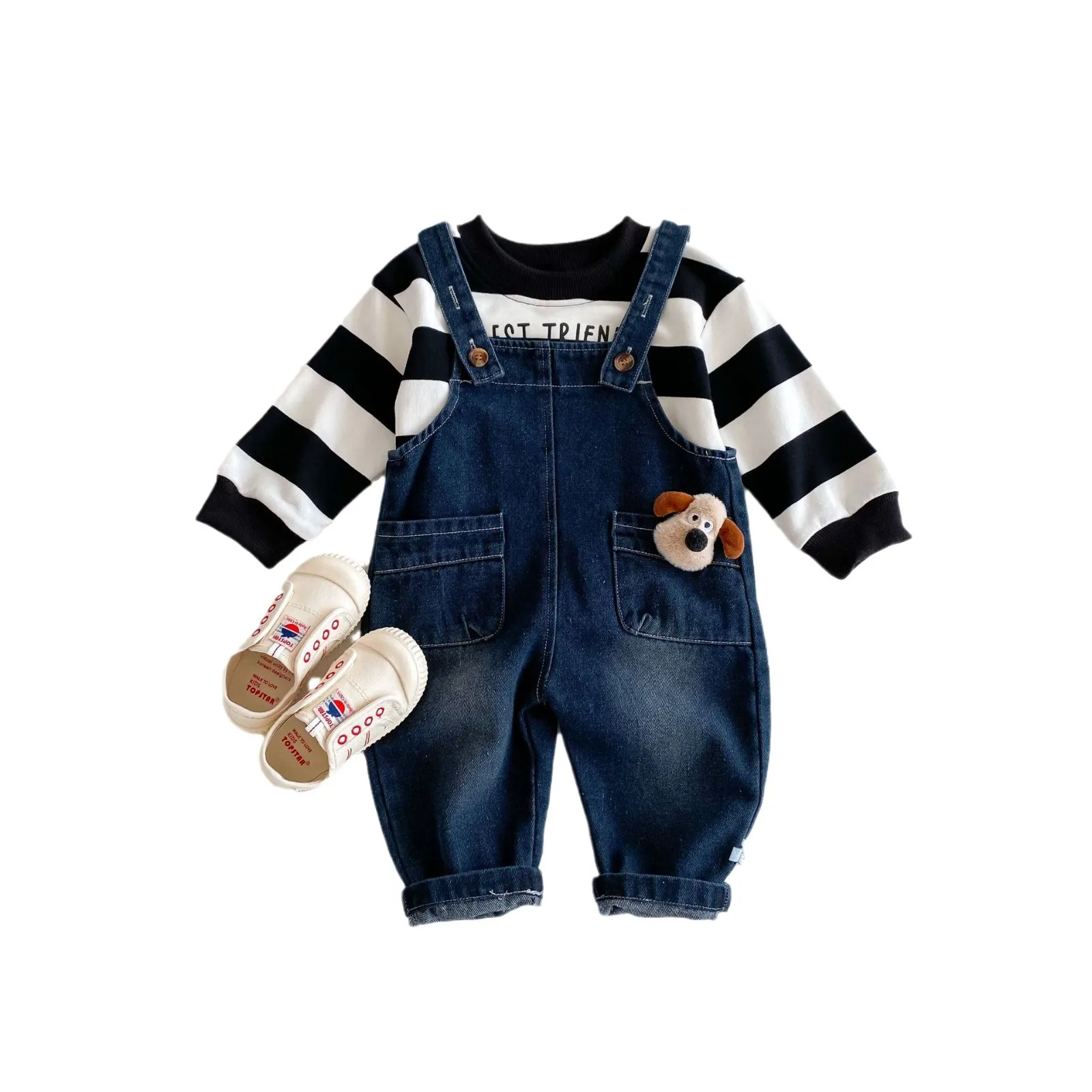 Autumn Korean Baby Boys Suspender Pants Denim Cartoon Dog Pocket Infant Boys Overalls Loose Versatile Toddler Boys Outfits