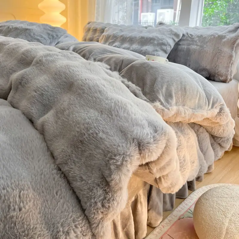 

Four-piece Set Double-sided Milk Plush Coral Plush Flannel Bed Set Class A Thickened Rabbit Plush Quilt Cover Pillowcase Sheet