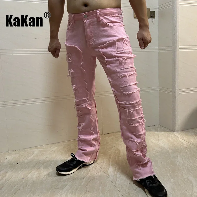 Kakan - New European and American Elastic Patch Jeans for Men, Original Real Time Patch Pants High Street Straight Tube Jeans