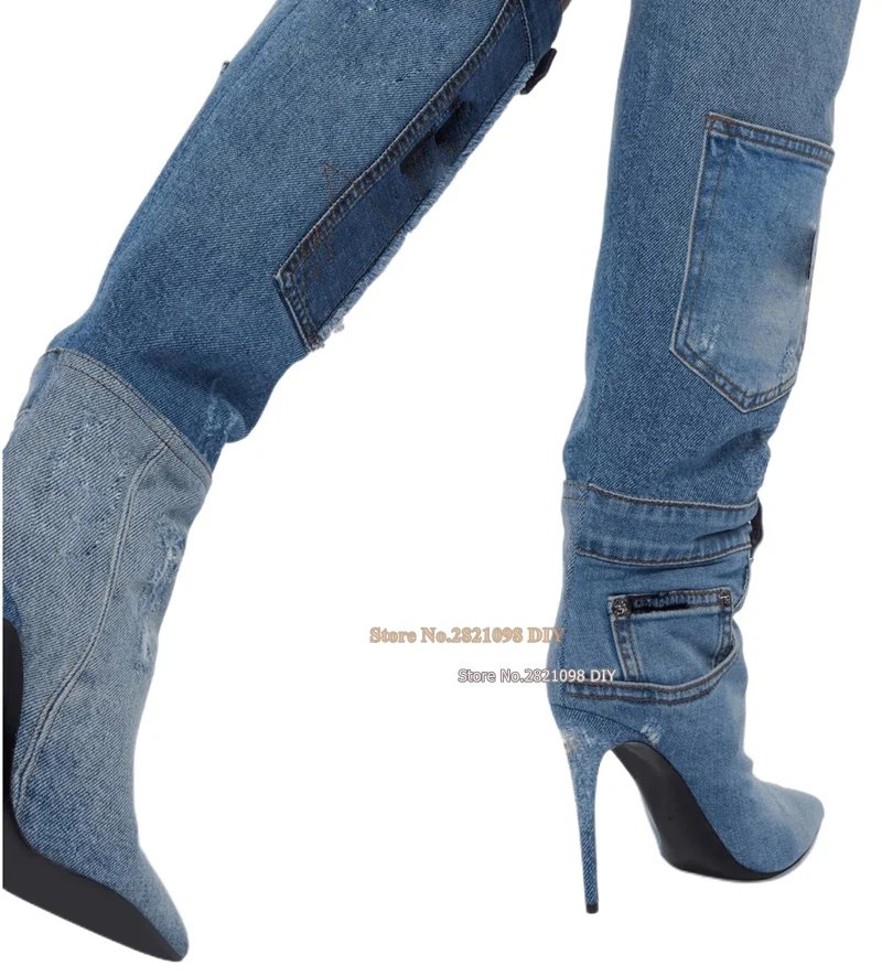 Belt Strap High Denim Heels Knee Length Long Boots Women Pointed Toe Stiletto Heeled Jeans Boot with Pockets Rivets