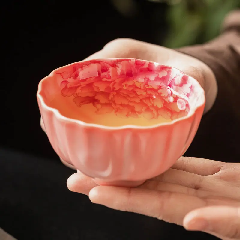 

Ru kiln ceramic tea cup, peony sunflower mouth cup, tea tasting cup