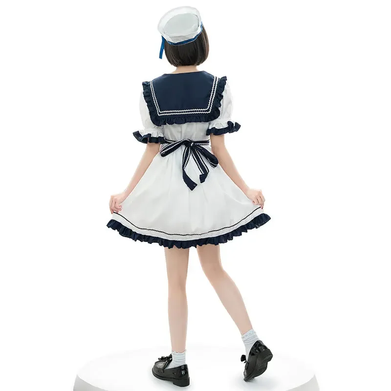 2024 Nuovo giapponese primavera e l'estate colletto blu scuro Lolita JK fiocco pieghettato carino scollo a V grembiule a-line abito sottile in vita per le donne