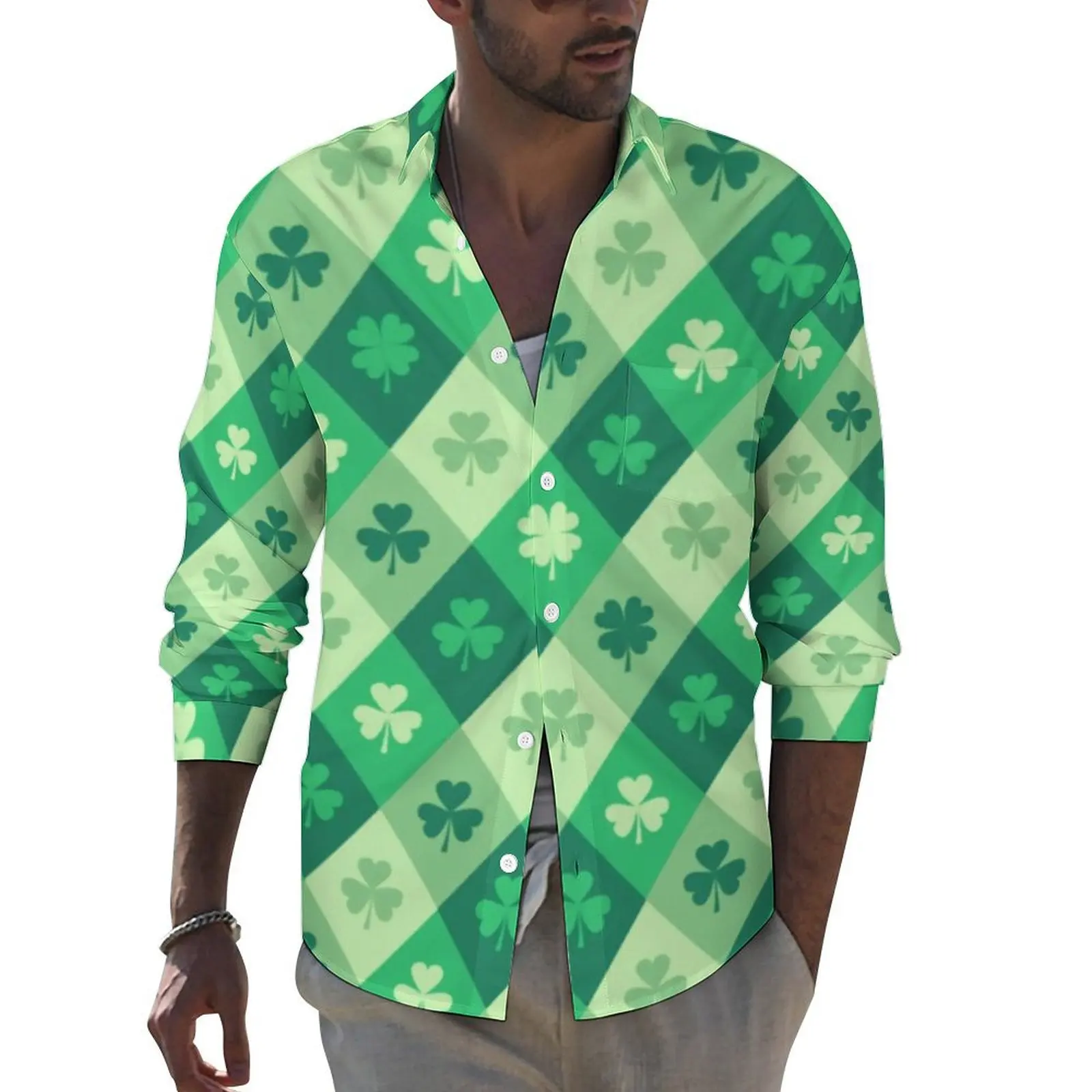 

Green Shamrock Shirt Lucky Saint Patricks Day Casual Shirts Long Sleeve Graphic Funny Blouses Spring Trending Oversized Clothing