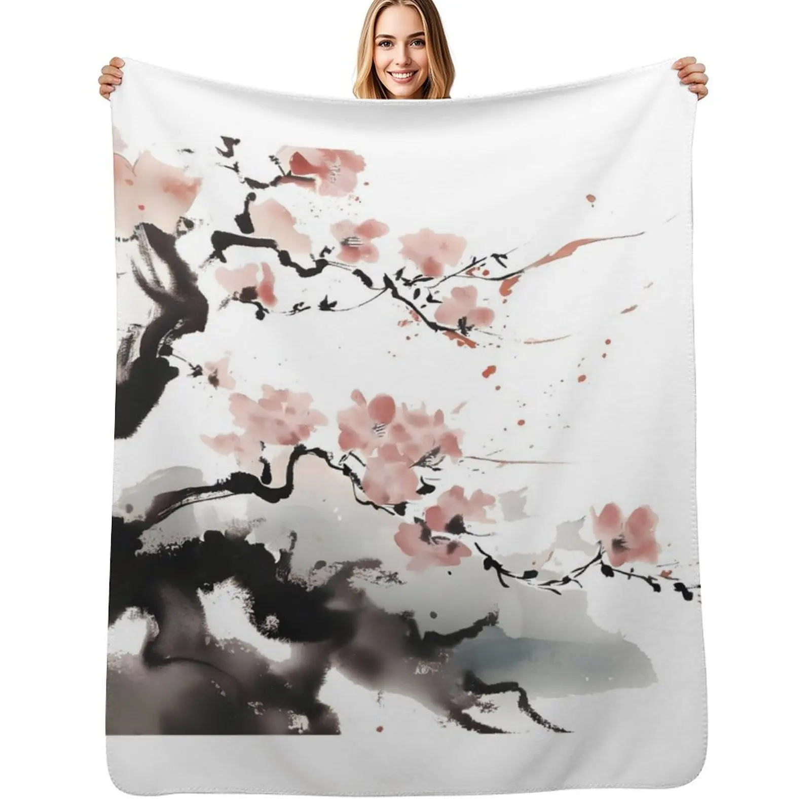 Cherry blossom with Japanese ink Throw Blanket Luxury Designer Sleeping Bag For Sofa Thin Soft Multi-Purpose Polar Blankets