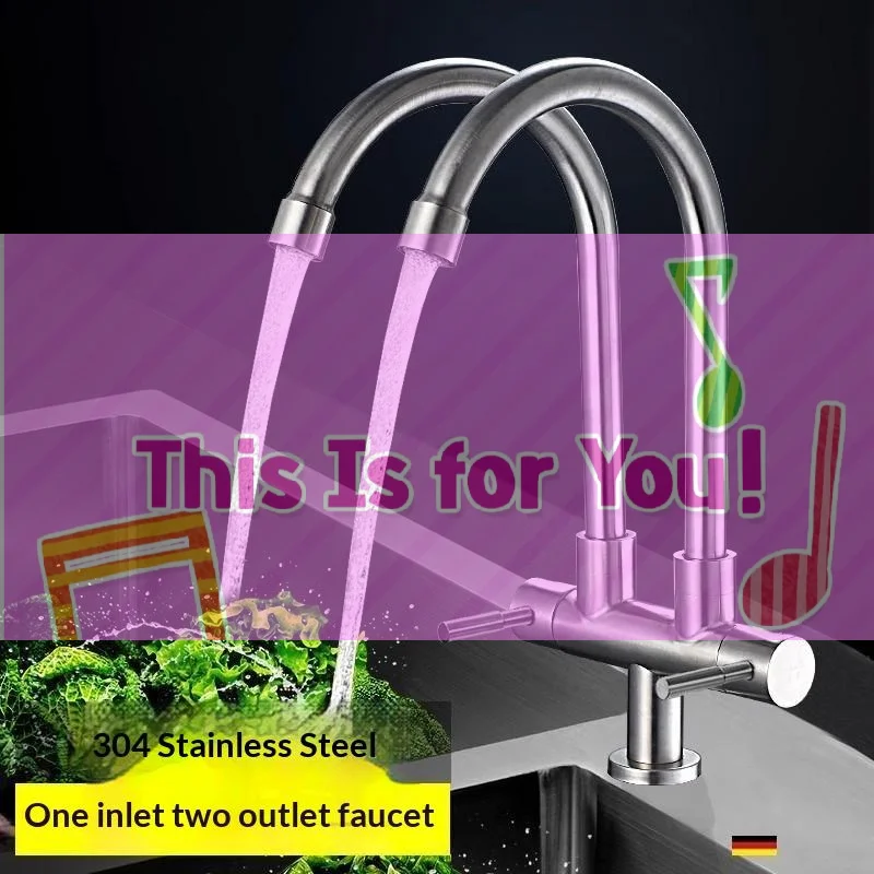 【HMA】Stainless Steel Double Head Sink Tap 2-in-1 Multifunction Pillar Mounted Tap Convenient 360° Rotate Flexible Faucet