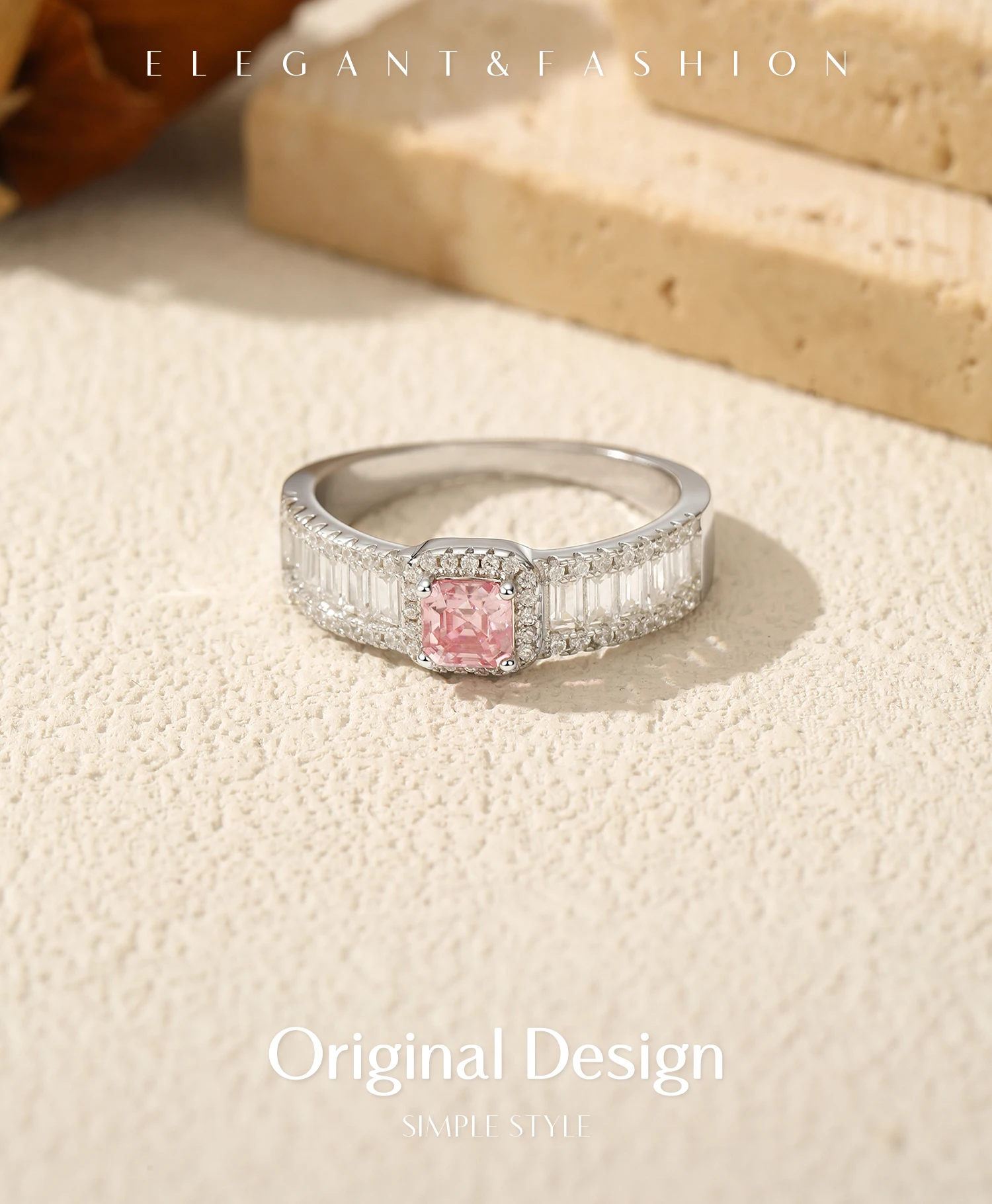 MODIAN 0.4CT Light Pink Moissanite Ring 925 Sterling Silver Luxury Asscher Cut Lab Diamond Finger Ring For Women Fine Jewelry