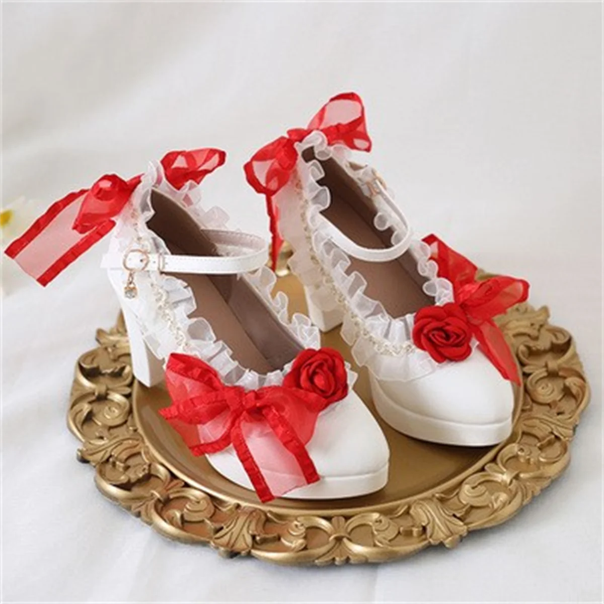 French Vintage Girl Shoes Lolita Cosplay Elegant Tea Party Pointed Sandals Lace Ruffle Bowknot Pearls 8cm High Heel Shoes