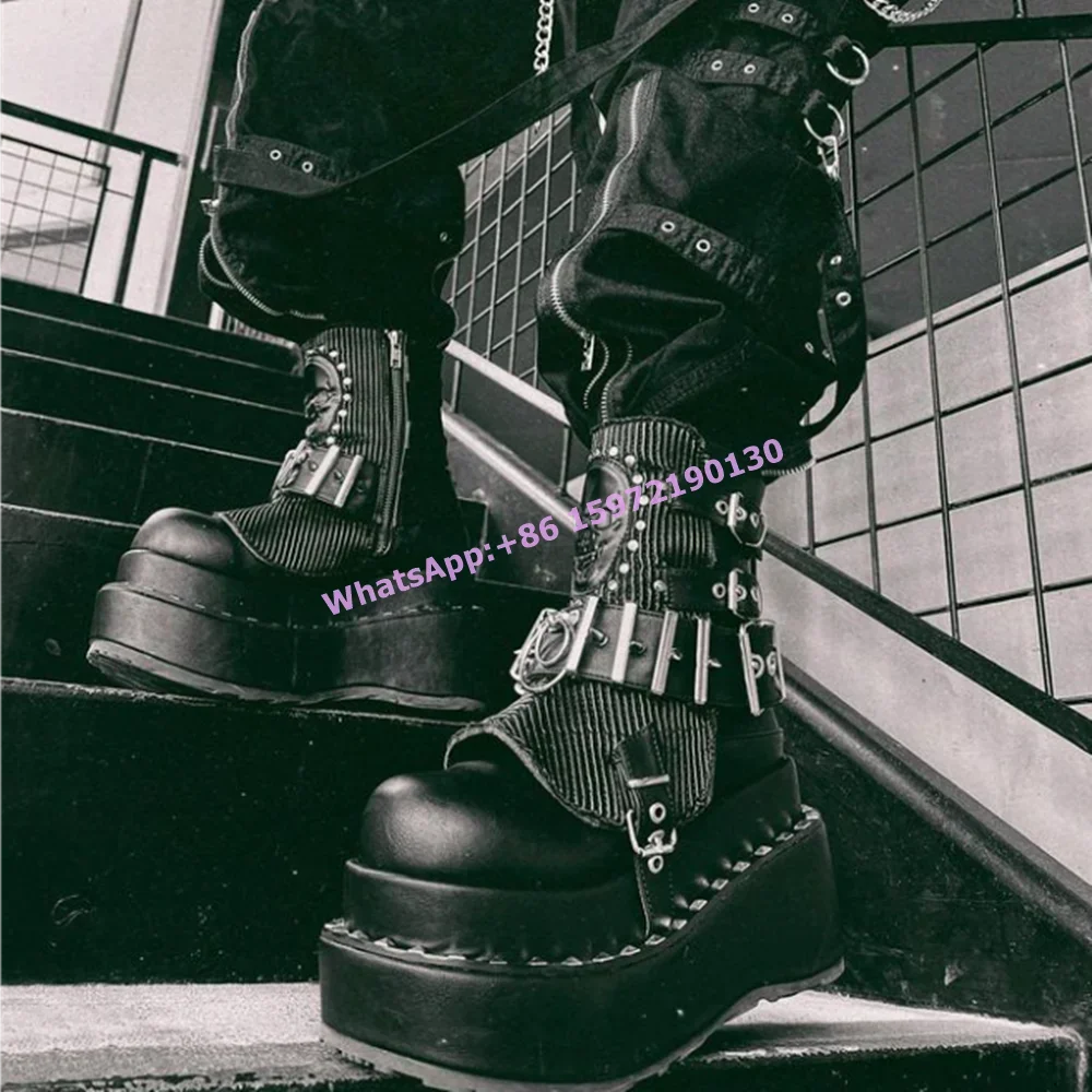 Rivet Platform Black Ankle Boots Metal Buckle Round Toe High Increase Gothic Skeleton Shoes Leisure Couples Punk Winter Shoes