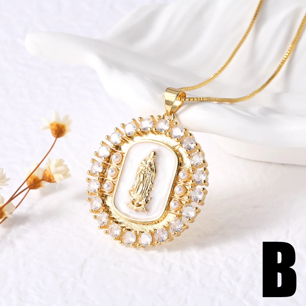 FLOLA Large Round Disc Virgin Mary Necklaces for Women Gold Plated Amulet Necklaces Crystal Jewelry collar de guadalupe nkep49