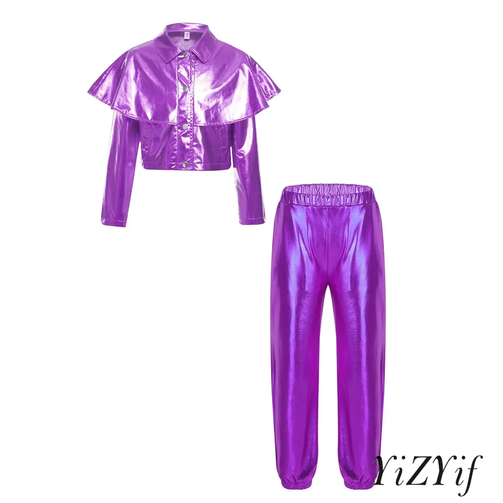 

Kids Girls Hip-hop Jazz Dance Performance Outfit Long Sleeve Front Press Buttons Ruffle Metallic Jacket with Pants Streetwear