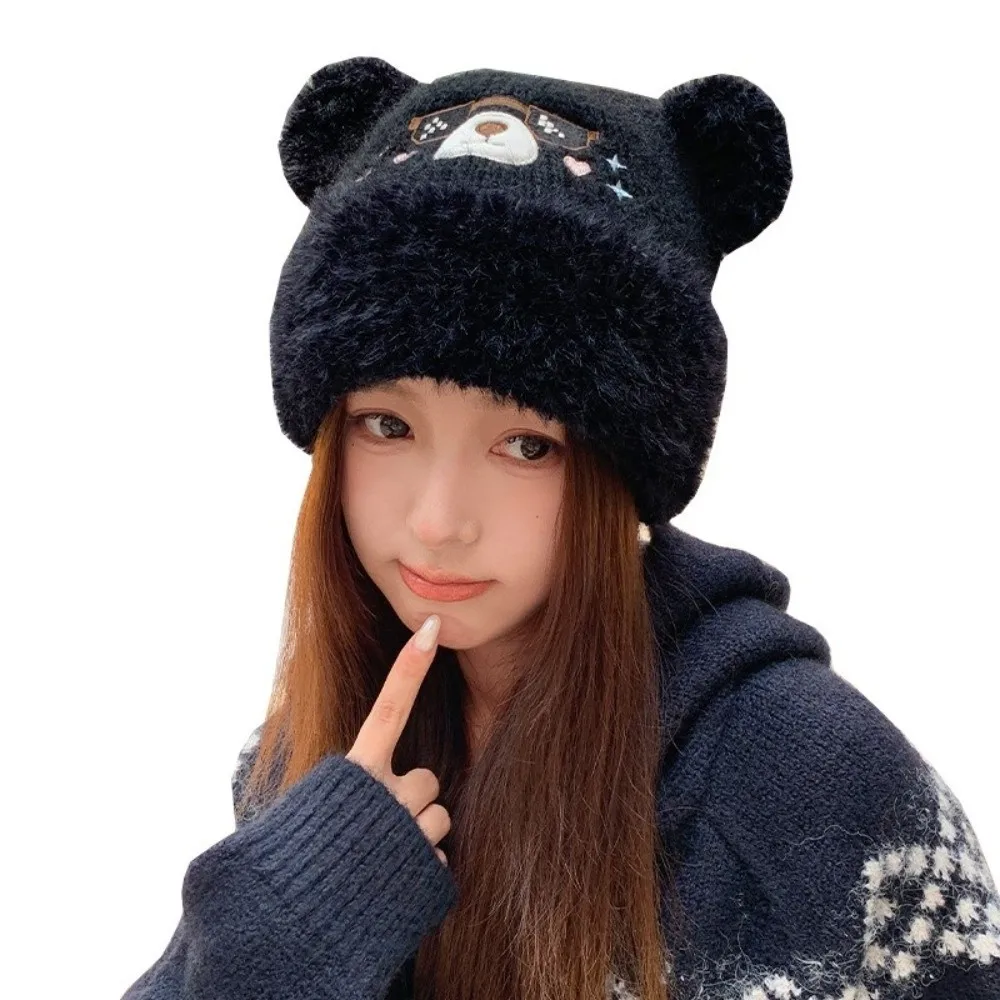 Polyester Knitted Beanie Face Slimming Design Windproof Bear Ear Hat Large Head Circumference 56-58CM Winter Beanie Hat