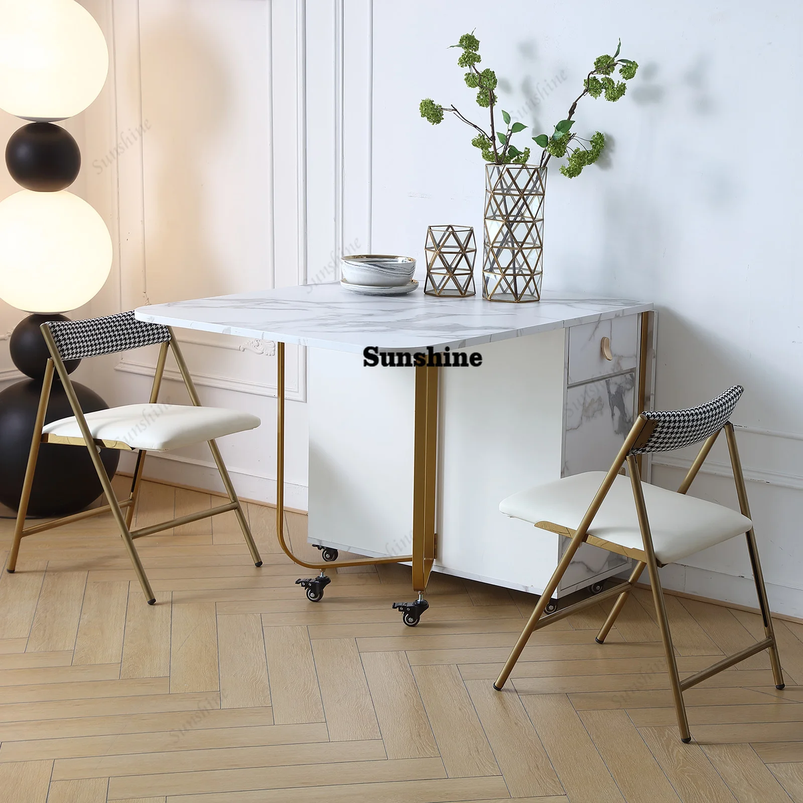 

Movable Folding Dining Table with Storage Rack and 2 Drawers Extendable Versatile Kitchen Table and Metal Folding Dining Chairs