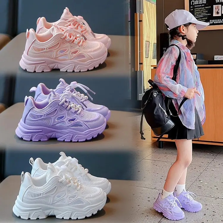 Girls Summer White Chunky Dad Sneakers Children Mesh Casual Shoes for Kids Toddler Lightweight Non Slip Summer Comfort Shoes
