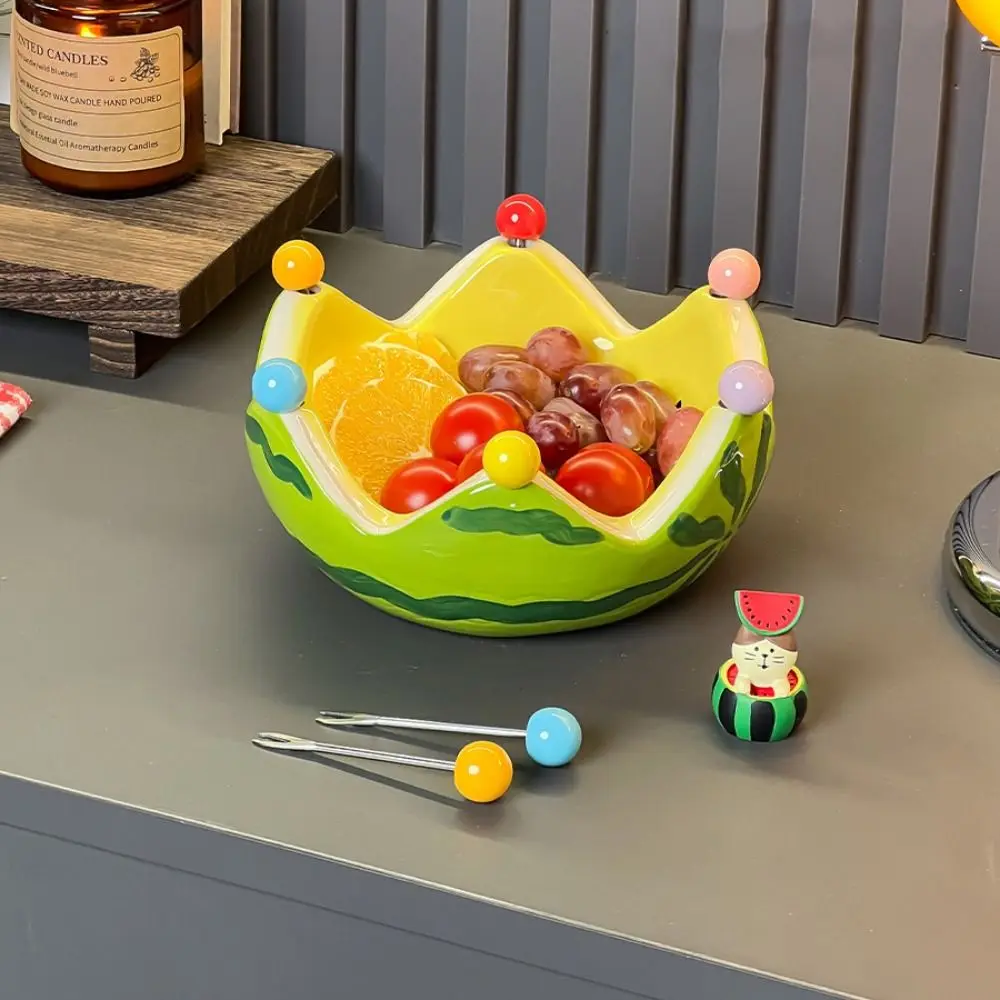 

Household Dinnerware Ceramic Watermelon Shape Fruit Plate Cute with Forks Dessert Salad Bowl Large Capacity Storage Plate Cake