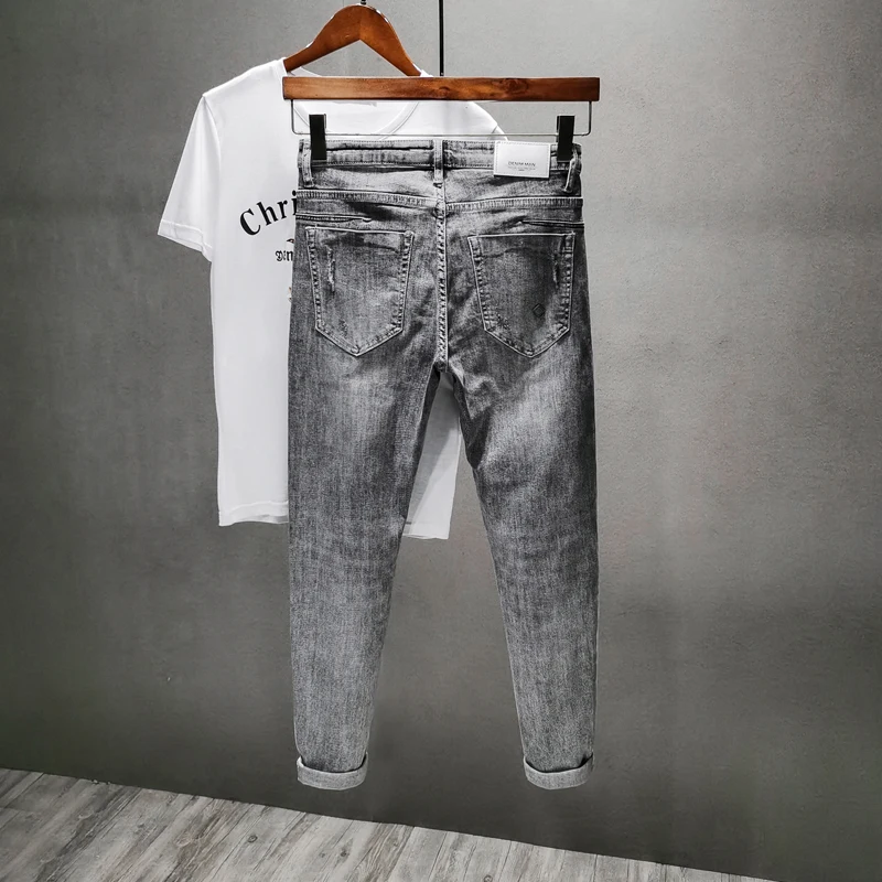 Jean slim déchiré pour hommes, gris, bleu clair, élasticité, vêtements de rue, Hip Hop, Patchwork, pantalon de motard, effiloché