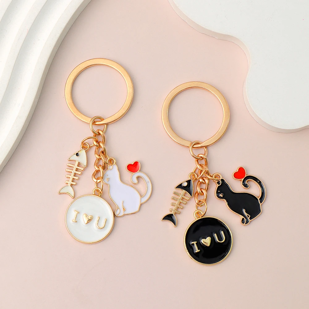 Lovely Enamel Cat Keychains Fishbone Heart 