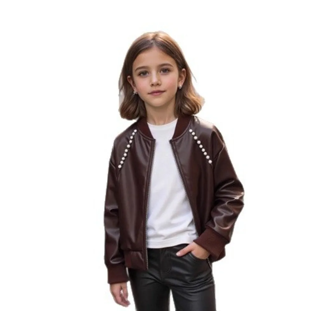 Girls Faux Leather Jacket Spring Autumn Casual Retro Fashion Pearl Decor Zipper PU Coat Sweet Cool Versatile Outerwear
